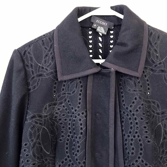 Floral Carved Wool Blend Maxi Coat: Black Punched Hole Jacket, Size M - Picture 7 of 8